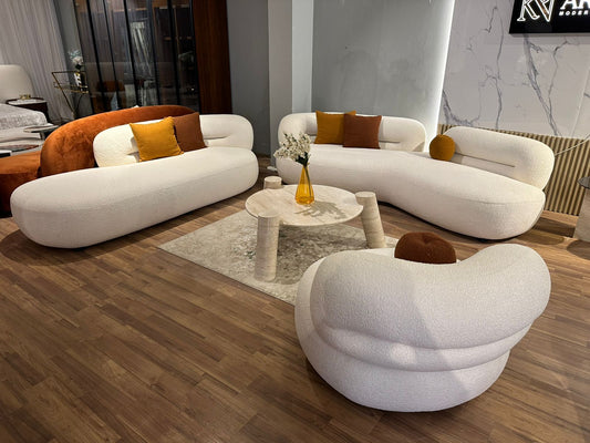 Luxury Modern Curved Sofa Set | Contemporary White Upholstered Living Room Furniture