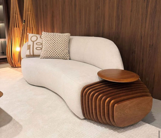 Contemporary Curved Sofa with Integrated Wooden Side Table